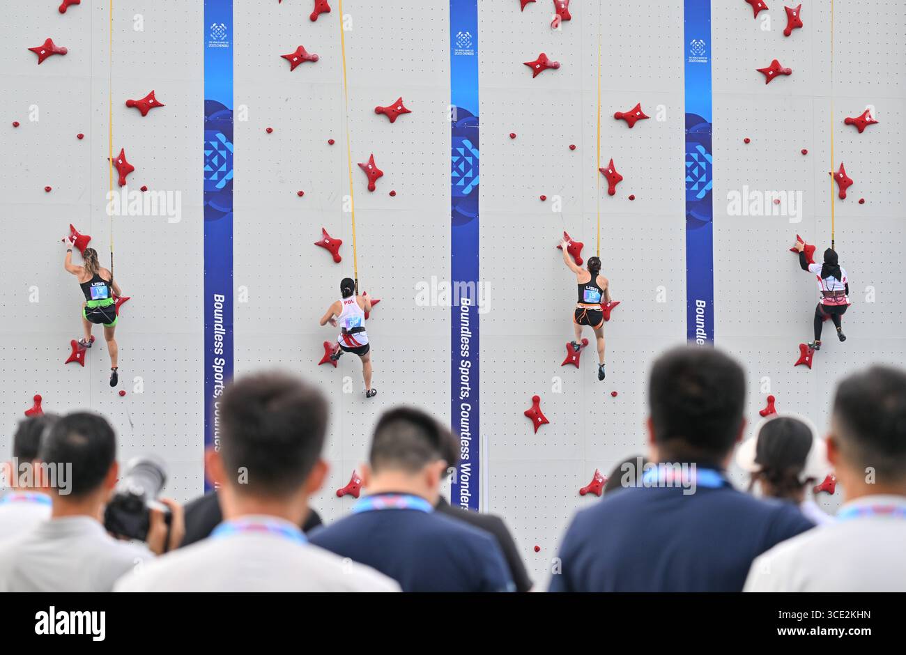 Chengdu, la provincia cinese del Sichuan. 15 agosto 2025. (Da L a R) Piper Lauren Kelly degli Stati Uniti, Martyna Stokowiec della Polonia, Sophia Marie Curcio degli Stati Uniti e Amanda Narda Mutia dell'Indonesia gareggiano durante lo Sport Climbing Women's Speed Single 4 Qualification Round ai World Games 2025 a Chengdu, nella provincia di Sichuan, nella Cina sud-occidentale, 15 agosto 2025. Crediti: Chen Cheng/Xinhua/Alamy Live News Foto Stock