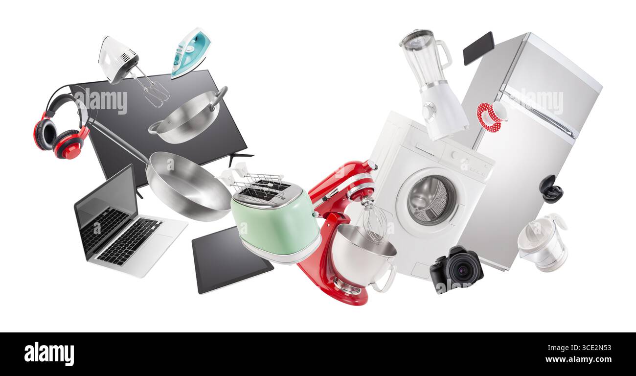 Acquisto di prodotti elettronici e di elettrodomestici. Gruppo di elettrodomestici e dispositivi elettronici per la casa e la cucina. Le migliori offerte e vendite in superm Foto Stock