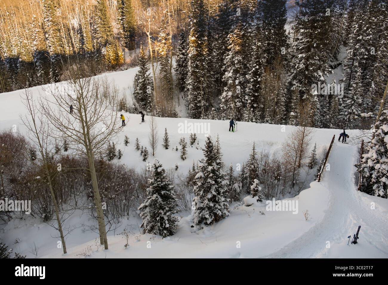 Gli sciatori tornano in hotel sulla pista da sci curata Village bypass, Mountain Village, Telluride Ski Resort, San Miguel County, Colorado, Foto Stock