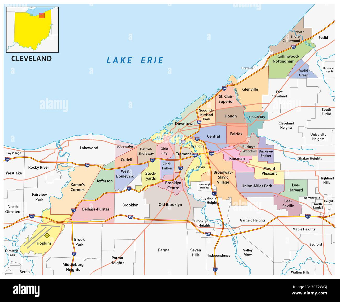 Mappa amministrativa della città di Cleveland, Ohio, Stati Uniti Foto Stock