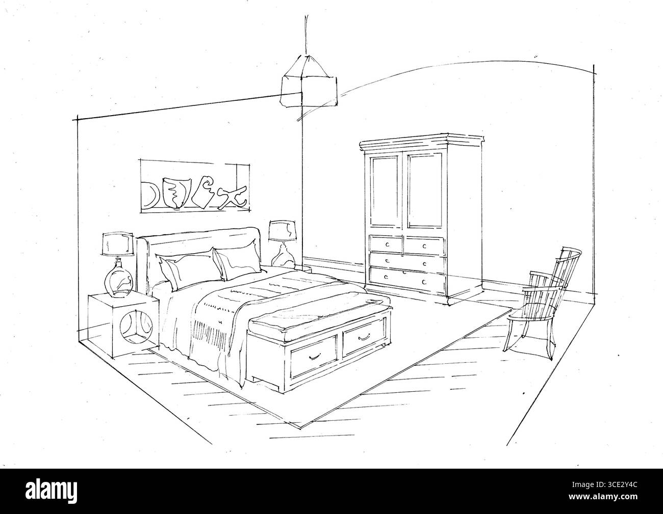 Disegno a mano in bianco e nero di una camera da letto. Foto Stock