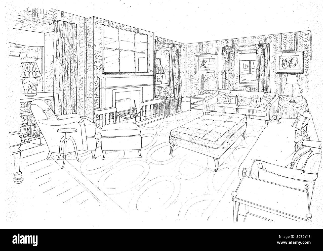 Bozzetto in bianco e nero disegnato a mano di una lounge in stile tradizionale. Foto Stock