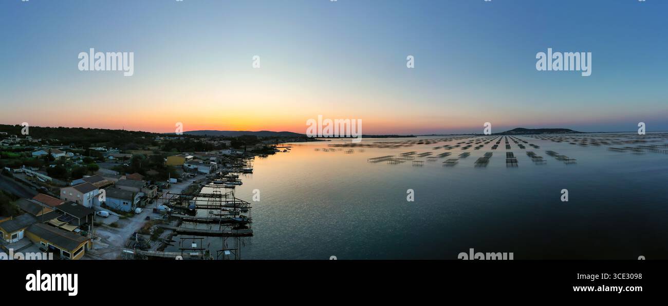 Vista panoramica dell'alba sulla laguna di Thau, sulle fattorie di ostriche e sui loro tavoli. Foto Stock