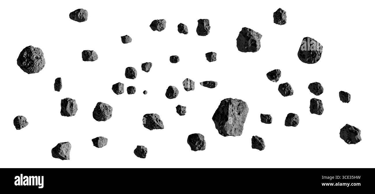 Cintura di asteroidi o pietre o meteoriti isolati su bianco. Sciame di asteroidi o detriti spaziali. Pietre, rocce che fluttuano nell'aria isolate sul bianco. Foto Stock