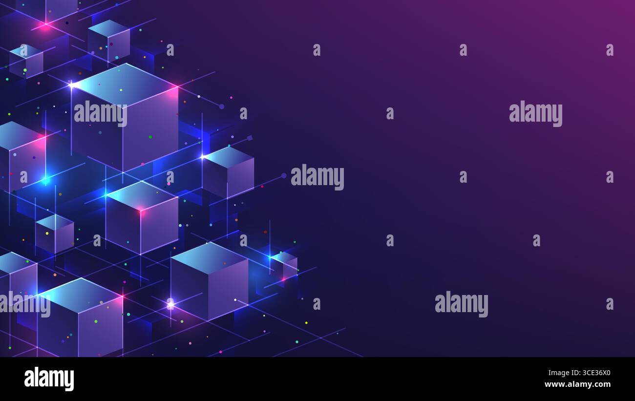 lo sfondo della tecnologia astratta con cubi rosa blu e viola brillanti dal design isometrico, linee dati interconnesse e particelle creano un ne futuristico Illustrazione Vettoriale