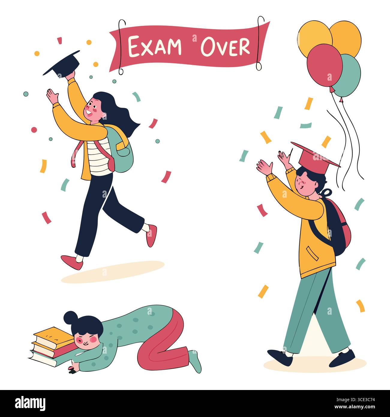 Festeggia il successo dell'esame con simpatici personaggi vettoriali e coriandoli colorati in una scena gioiosa Illustrazione Vettoriale Festeggia il successo dell'esame con simpatici personaggi vettoriali e coriandoli colorati in una scena gioiosa Illustrazione Vettoriale