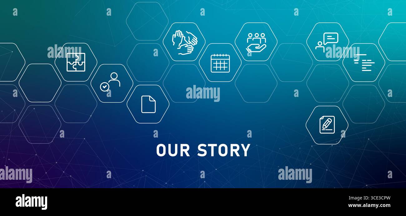 Intestazione Web della nostra storia con icone di profilo relative all'attività e alla narrazione per le pagine di storia aziendale le tempistiche del team o le dichiarazioni di missione e visione Illustrazione Vettoriale