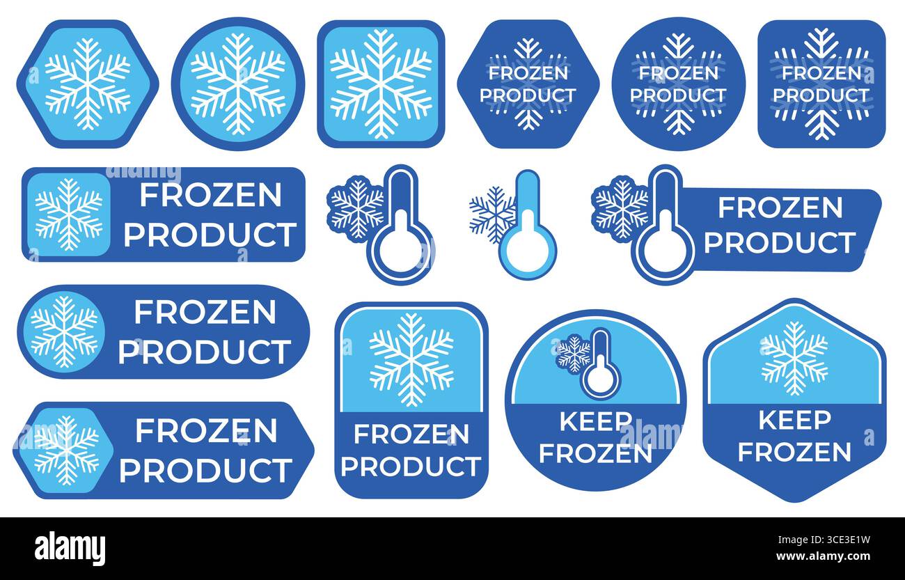 Collezione di adesivi per il confezionamento di alimenti surgelati, con icone con fiocco di neve e testo prodotto congelato, progettati in stile piatto e pulito per etichette e marchi Illustrazione Vettoriale