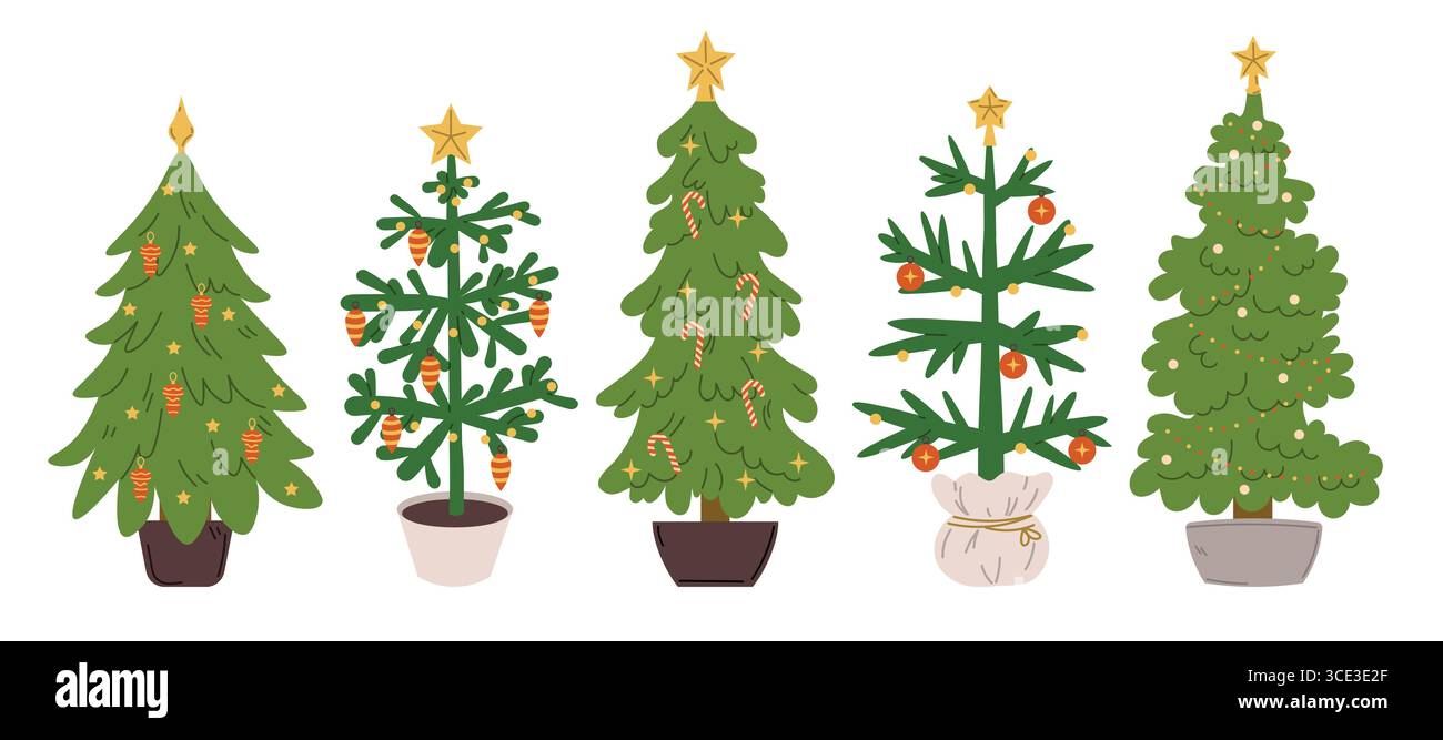 Collezione di abeti rossi natalizi decorati con baubles, ghirlande, stelle e luci in colori festivi, disegnati in grazioso stile cartoni animati per l'inverno Illustrazione Vettoriale