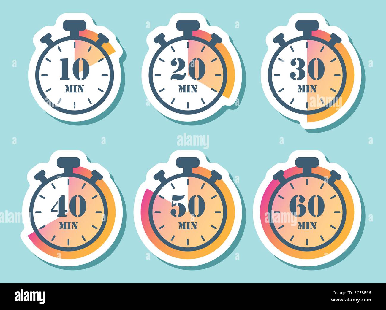 Da 10 minuti a 60 minuti sull'icona dell'adesivo del cronometro in stile piatto. Illustrazione vettoriale del timer del quadrante dell'orologio su sfondo isolato. Insegna per il conto alla rovescia Illustrazione Vettoriale