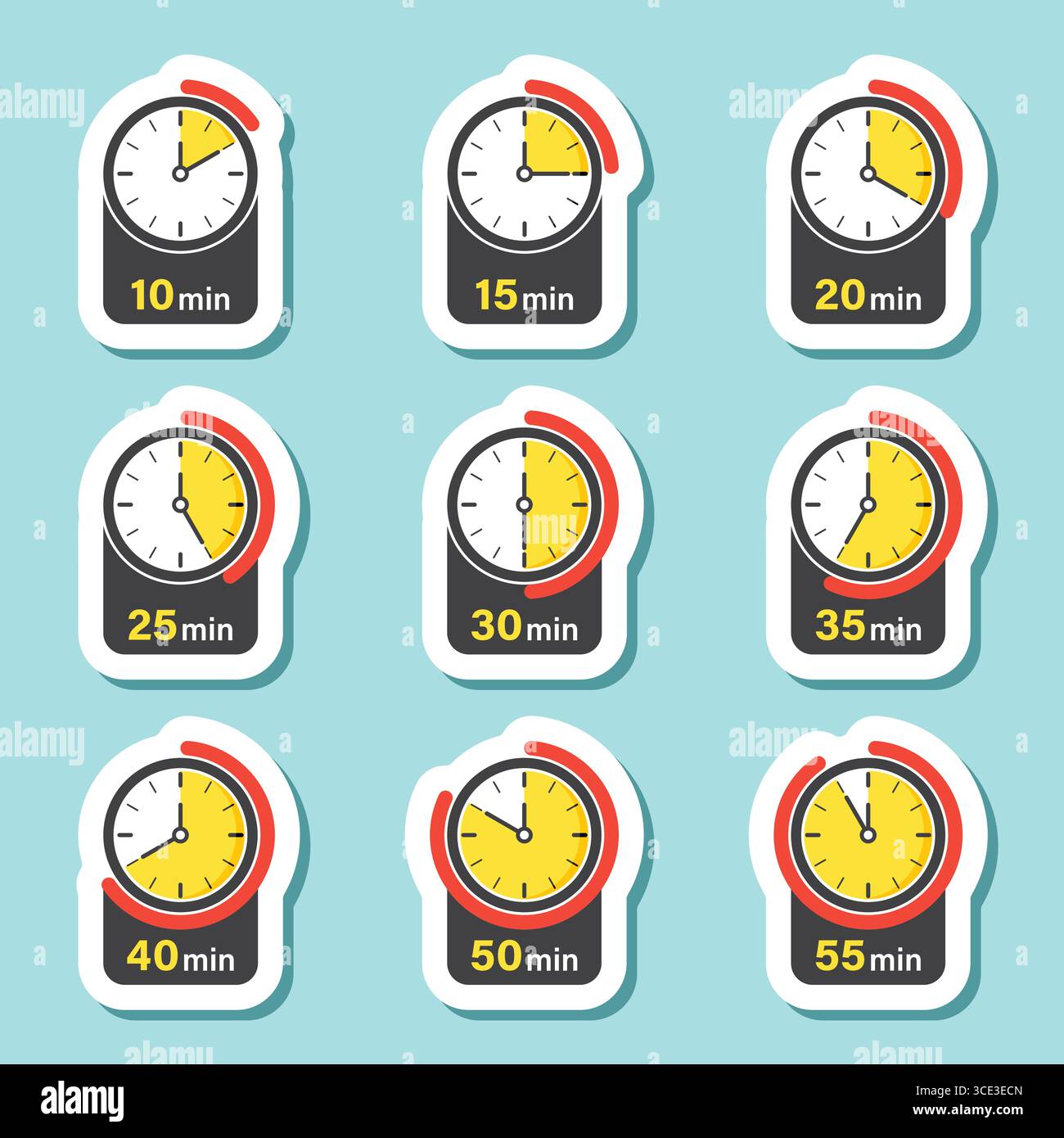 Da 10 minuti a 55 minuti sull'icona dell'adesivo del cronometro in stile piatto. Illustrazione vettoriale del timer del quadrante dell'orologio su sfondo isolato. Insegna per il conto alla rovescia Illustrazione Vettoriale