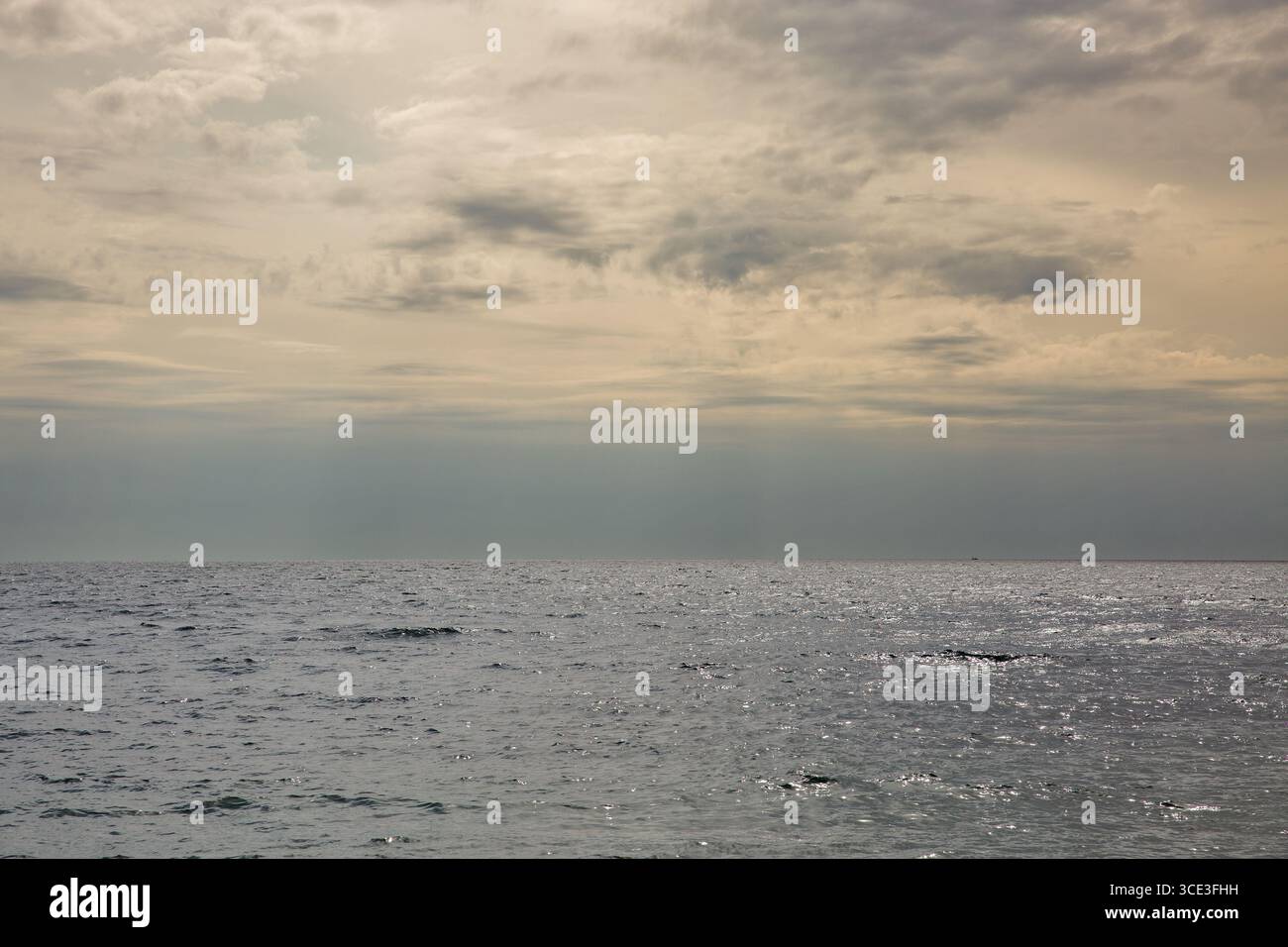 Tranquillo paesaggio marino con onde dolci su una superficie d'acqua scura che si estende fino all'orizzonte lontano sotto un cielo dorato parzialmente nuvoloso. Foto Stock