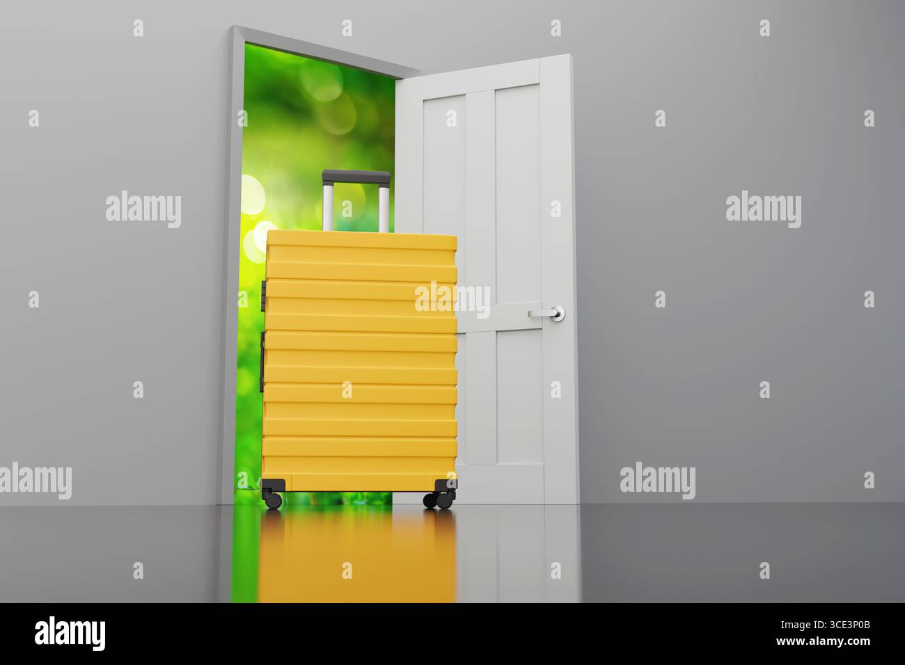 Il bagaglio giallo si trova alla soglia di una porta bianca aperta con uno sfondo bokeh verde. Concetto di viaggi, destinazioni turistiche e assicurazione di viaggio Foto Stock