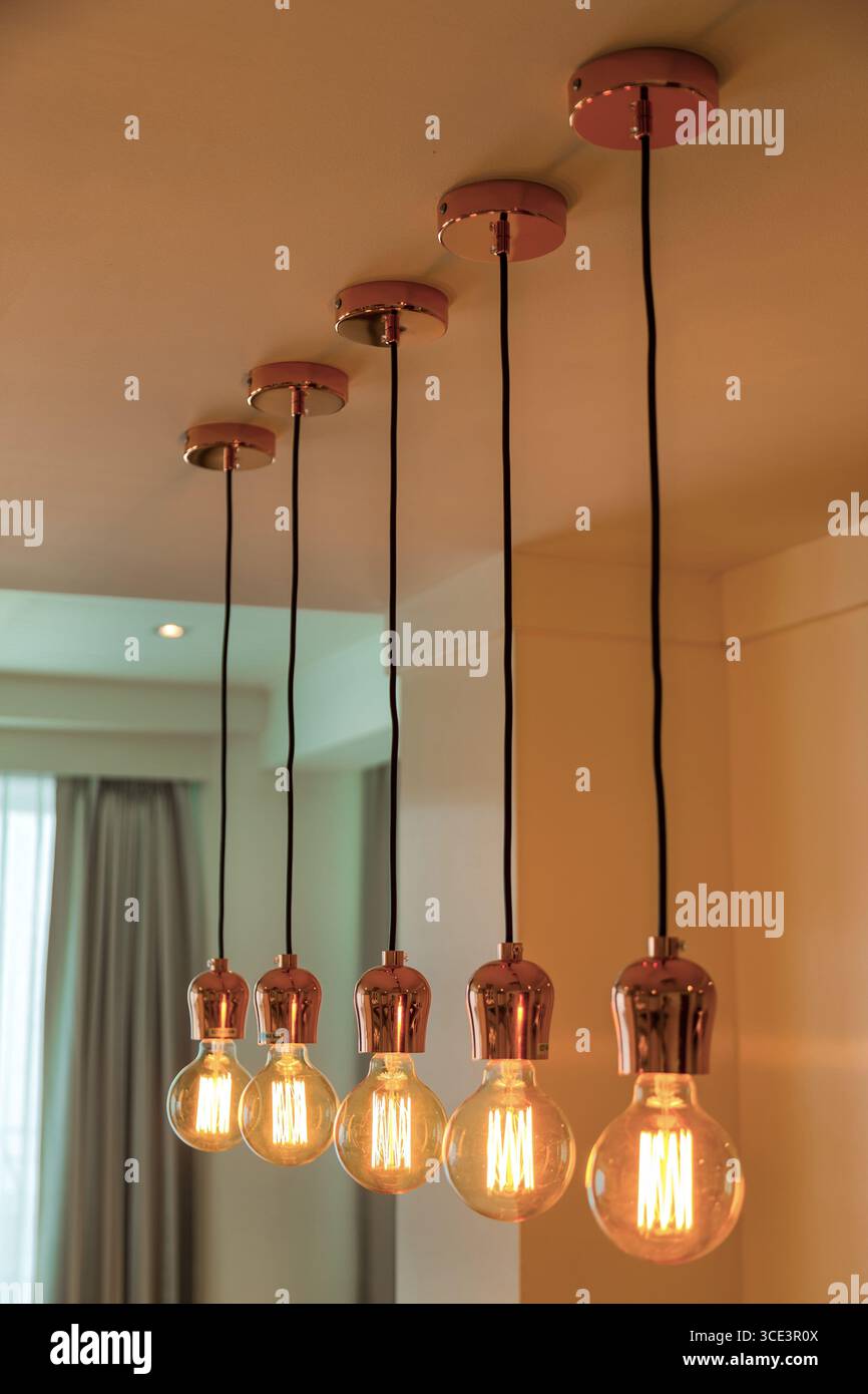 Tappi a vite a testa singola grande stile industriale hotel individualità negozio di abbigliamento decorazione Edison lampadina negozio oro lampadario. Foto Stock