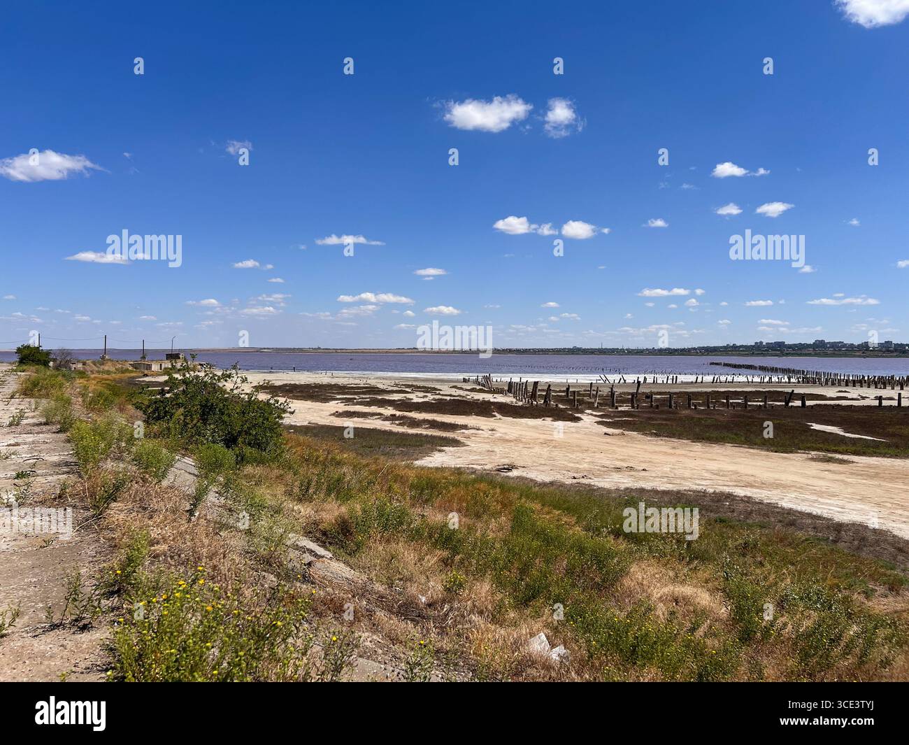 lago salato, soleggiata giornata estiva, località di villeggiatura del sale, vecchi pali di legno, legno vecchio Foto Stock