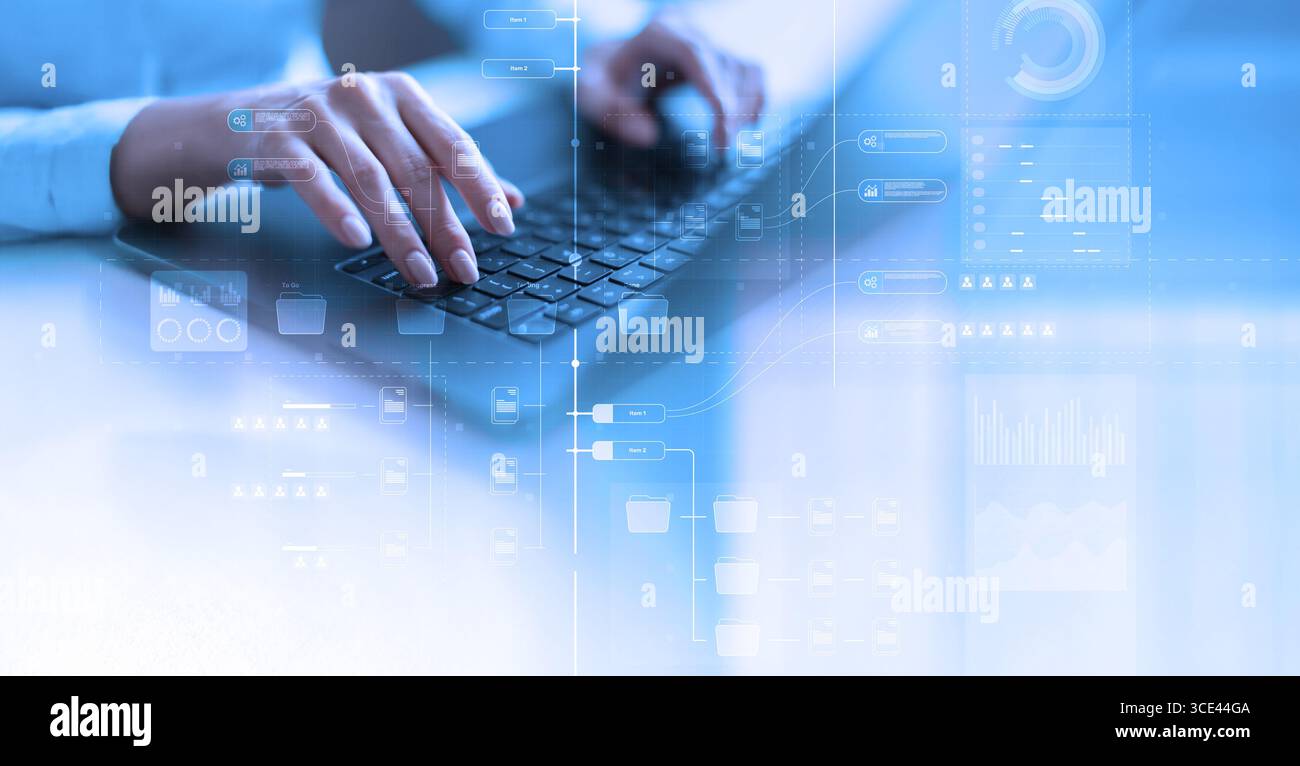 Gestione del flusso di lavoro del progetto e delle attività in ambiente digitale. Foto Stock