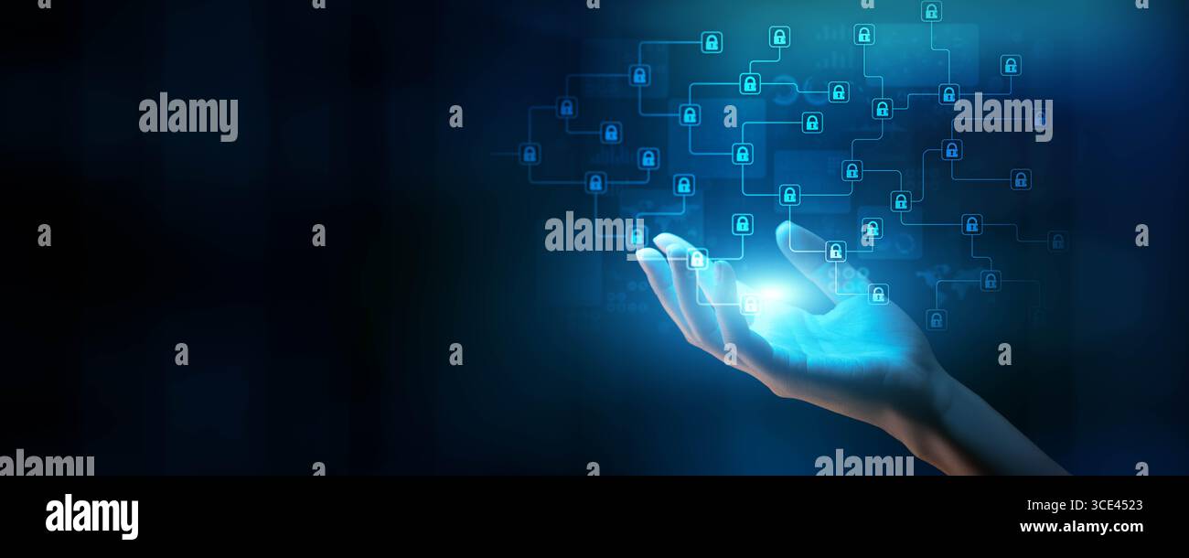Sicurezza blockchain e protezione dei dati nelle reti digitali. Foto Stock