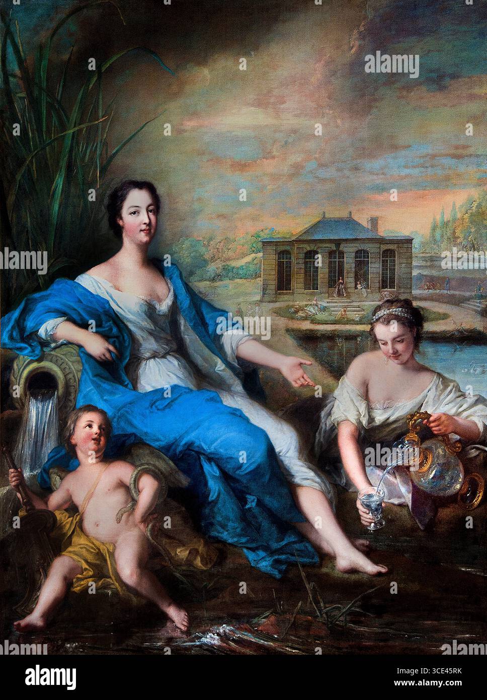 Portrait en pied de Marie-Anne de Bourbon, dite Mademoiselle de Clermont, aux eaux minérales de Chantilly' di Jean-Marc Nattier 1685-1766 , dipinto nel 1729 ( questo ritratto raffigura Marie-Anne de Bourbon-Condé (1697-1741) alle sorgenti minerali di Chantilly. È un dipinto ad olio su tela ed è ospitato al musée Condé di Chantilly. Foto Stock