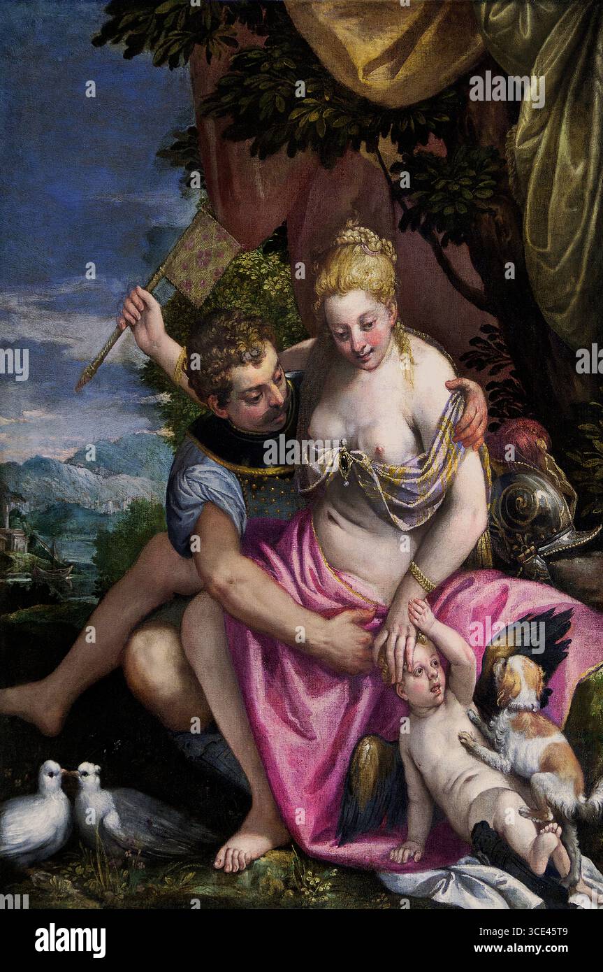 Marte e Venere 1580 Veronese Paolo Caliari 1528-88 Italia Museo Italiano del Louvre Parigi Francia, ( il racconto di Venere e Marte è uno di grande scandalo, umiliazione e astuzia abilità. Marte è il potente dio della guerra, figlio di Giunone e Giove. Venere è la dea dell'amore e della bellezza sposata con Vulcano, il dio del fuoco, e con questo, fabbri e mestieri. Tuttavia, non è tutto così semplice. Venere ama veramente Marte, e la coppia continua una storia d'amore segreta ) Foto Stock