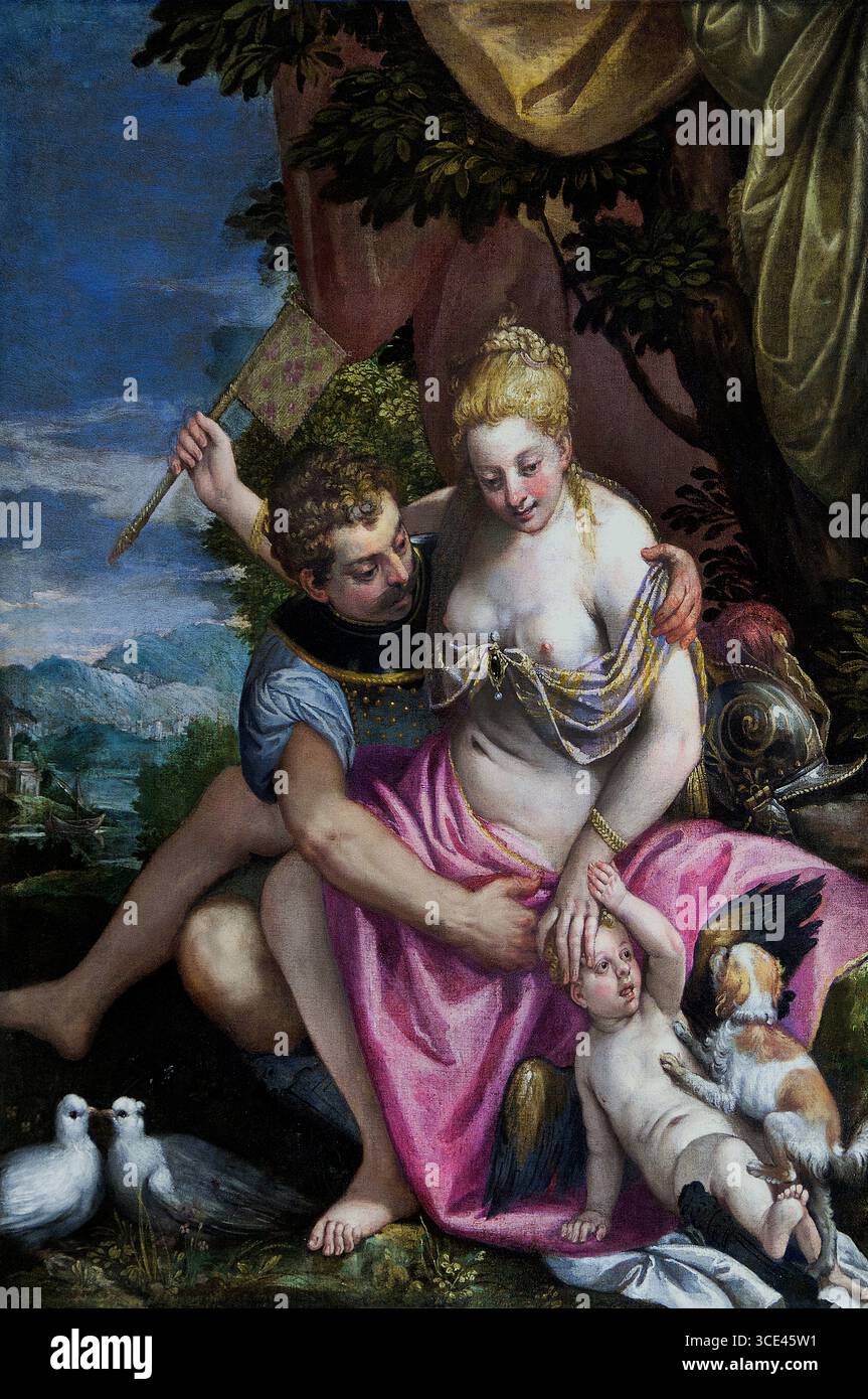 Marte e Venere 1580 Veronese Paolo Caliari 1528-88 Italia Museo Italiano del Louvre Parigi Francia, ( il racconto di Venere e Marte è uno di grande scandalo, umiliazione e astuzia abilità. Marte è il potente dio della guerra, figlio di Giunone e Giove. Venere è la dea dell'amore e della bellezza sposata con Vulcano, il dio del fuoco, e con questo, fabbri e mestieri. Tuttavia, non è tutto così semplice. Venere ama veramente Marte, e la coppia continua una storia d'amore segreta ) Foto Stock