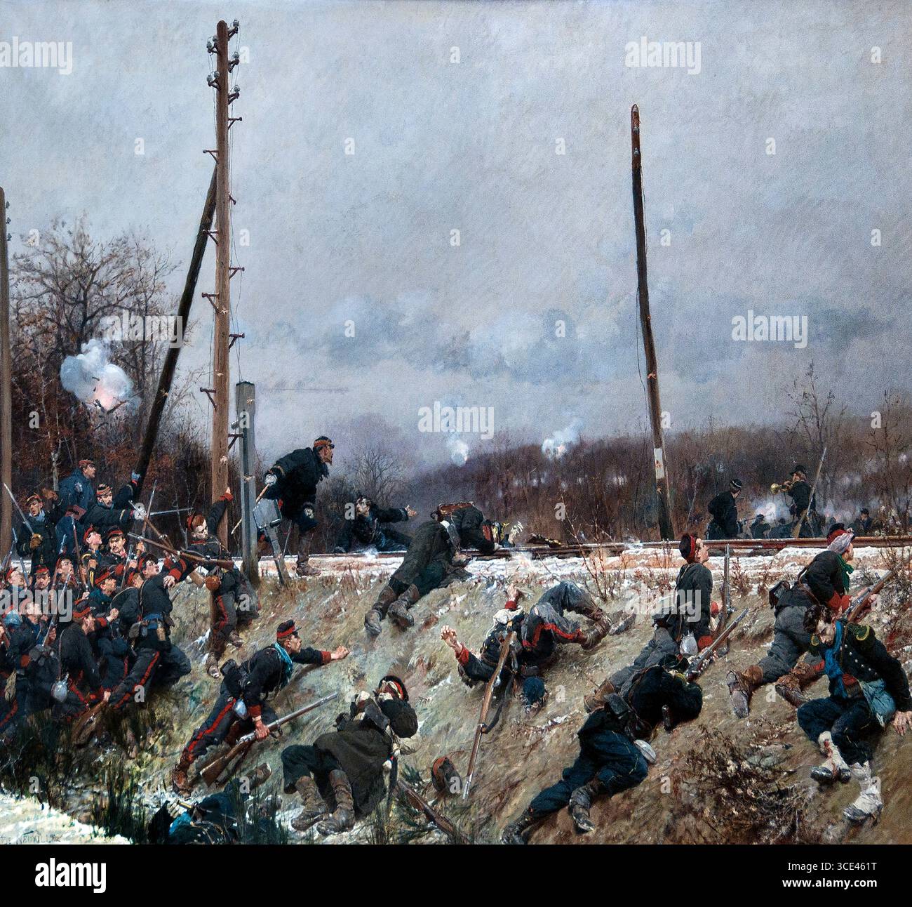 Fighting on the Tracks 1874 di Neuville Alphonse Marie 1835-85 Combat sur la Voie Ferree, Francia Museo francese Parigi Francia,( Guerra franco-prussiana. L'immagine, conosciuta anche con il suo titolo francese "Combat sur la Voie Ferrée" (lotta sulla ferrovia), Alphonse-Marie-Adolphe de Neuville (1835–1885) era un importante pittore accademico francese noto per le sue scene di battaglia drammatiche, patriottiche e realistiche da conflitti come la guerra franco-prussiana, la guerra di Crimea e la guerra anglo-Zulu. Foto Stock