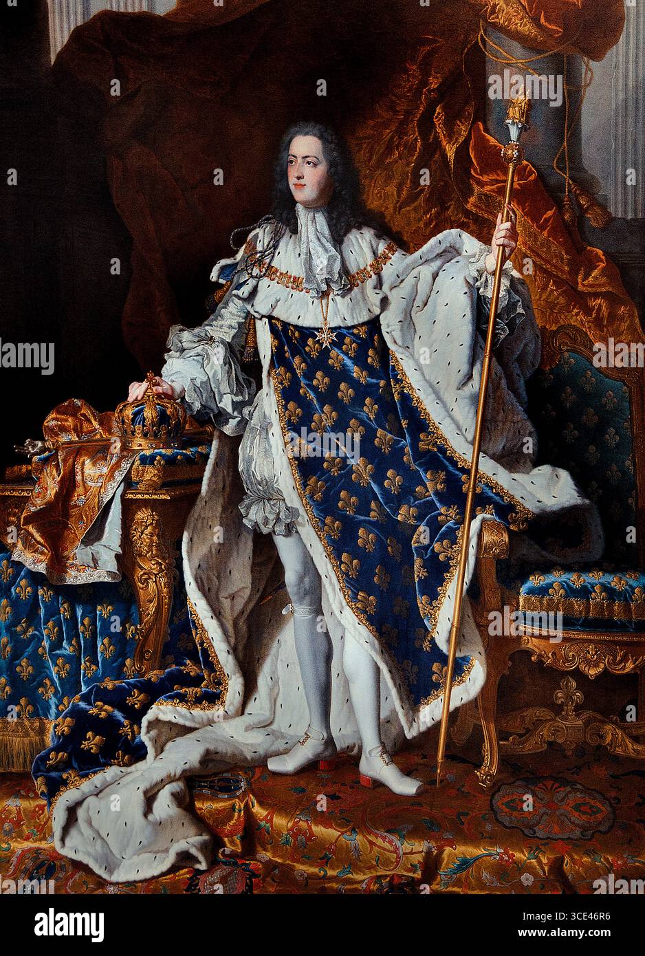 Re ROI Luigi XV 1710-74 in abiti d'incoronazione 1742 Rigaud Hyacinthe 1659-1743 Francia Museo francese del Louvre Parigi Francia, ( Luigi XV fu re di Francia dal 1715 al 1774, regnando dall'età di cinque anni sotto una reggenza fino alla sua maggiore età nel 1723, e più tardi sotto l'influenza del suo primo ministro, il cardinale Fleury. ) Foto Stock