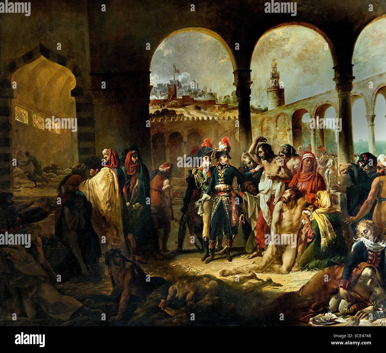 Napoleone Bonaparte visita alla pensione a Jaffa 1799 del barone Antoine Jean Gros 1771-1835 , Museo francese Parigi Francia, ( Napoleone Bonaparte visita alla pensione a Jaffa fa riferimento ad un evento leggendario e al famoso dipinto di Antoine-Jean Gros, che raffigura Napoleone che tocca senza paura le piaghe delle vittime della peste durante la sua campagna egizia del 21 marzo 1799. Il dipinto di Gros del 1804 ritrae Napoleone come un eroe altruista, contrastandolo con un ufficiale terrorizzato, e usa il gesto per ispirare il morale e proiettare un'immagine eroica e divina dell'imperatore ) Foto Stock
