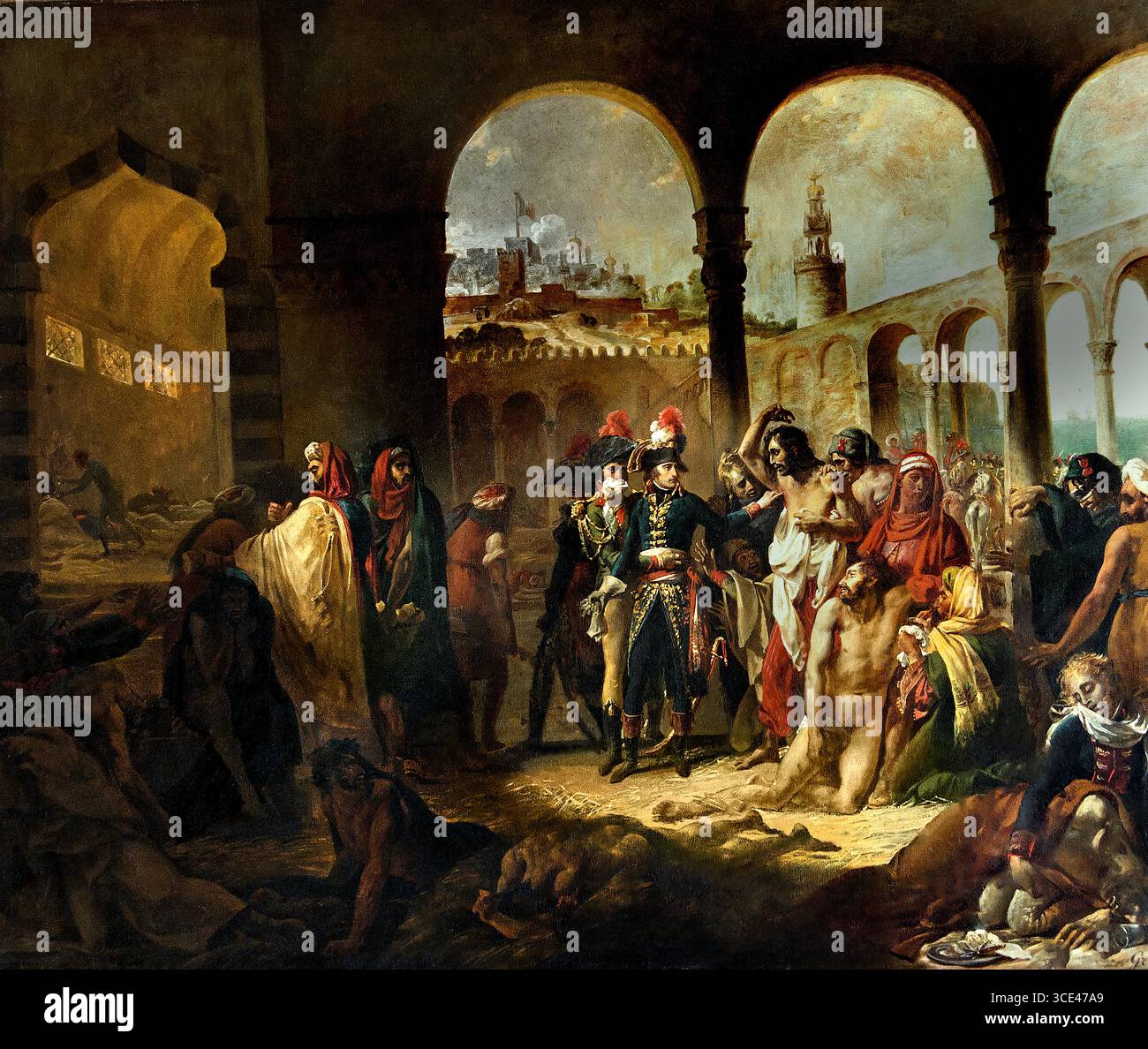 Napoleone Bonaparte visita alla pensione a Jaffa 1799 del barone Antoine Jean Gros 1771-1835 , Museo francese Parigi Francia, ( Napoleone Bonaparte visita alla pensione a Jaffa fa riferimento ad un evento leggendario e al famoso dipinto di Antoine-Jean Gros, che raffigura Napoleone che tocca senza paura le piaghe delle vittime della peste durante la sua campagna egizia del 21 marzo 1799. Il dipinto di Gros del 1804 ritrae Napoleone come un eroe altruista, contrastandolo con un ufficiale terrorizzato, e usa il gesto per ispirare il morale e proiettare un'immagine eroica e divina dell'imperatore ) Foto Stock