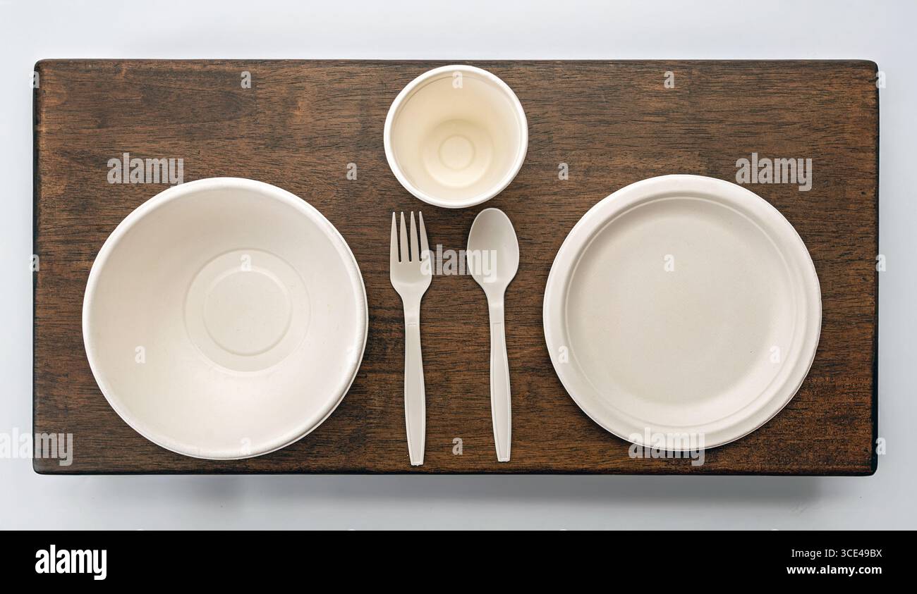 Un set di stoviglie monouso ecocompatibili con piatti, ciotola, tazza, forchetta e cucchiaio su una superficie in legno, che offre opzioni di ristorazione sostenibili Foto Stock