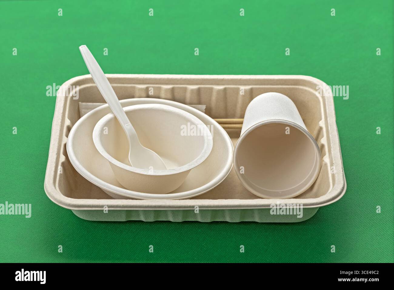 Piatti monouso biodegradabili che includono ciotole, tazze e posate su sfondo verde, con opzioni di stoviglie ecologiche Foto Stock