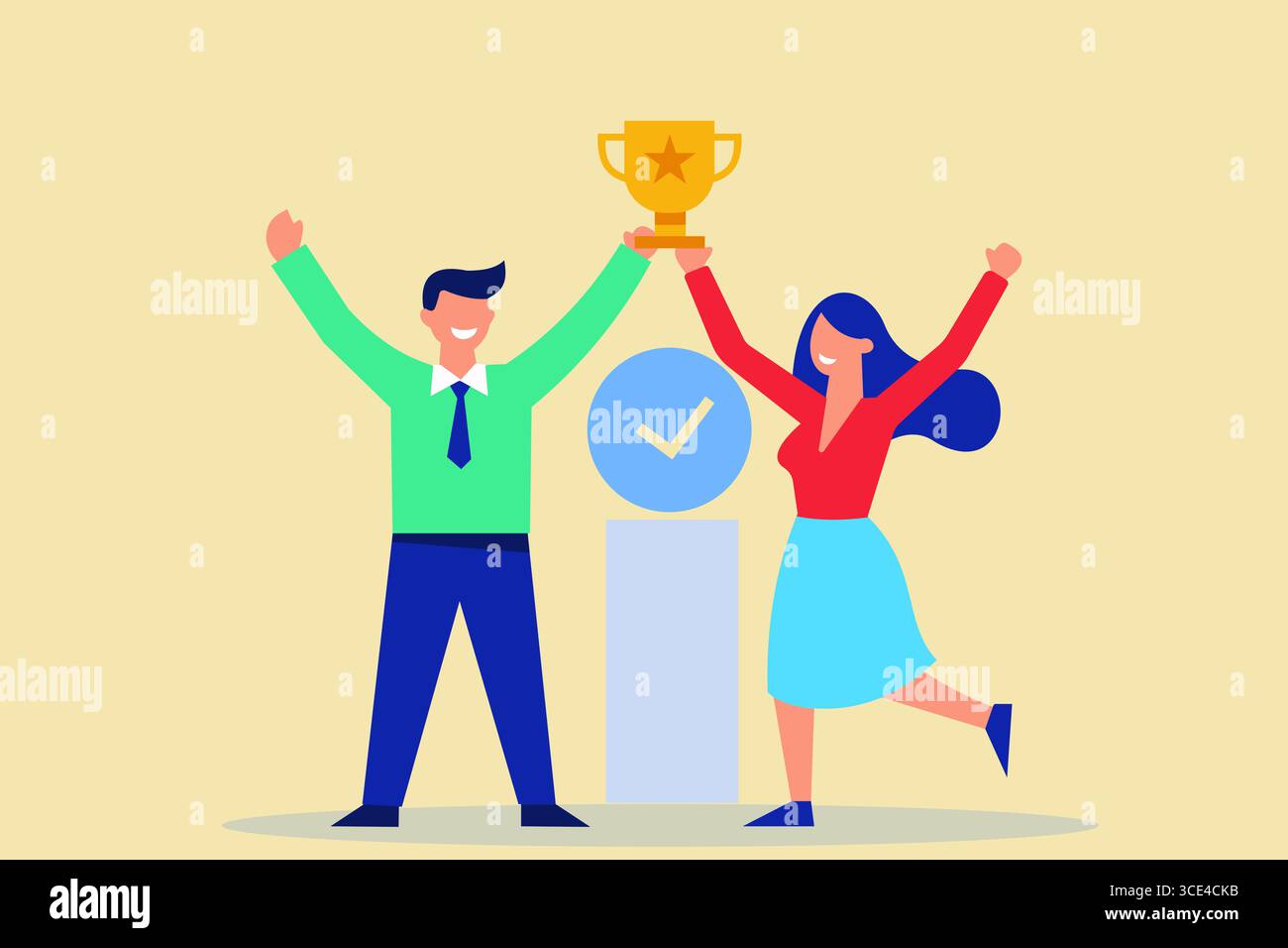 Due persone celebrano un successo aziendale sollevando un trofeo che simboleggia il successo, il lavoro di squadra e il riconoscimento. La loro gioia e il loro lavoro di squadra trasmettono il Foto Stock