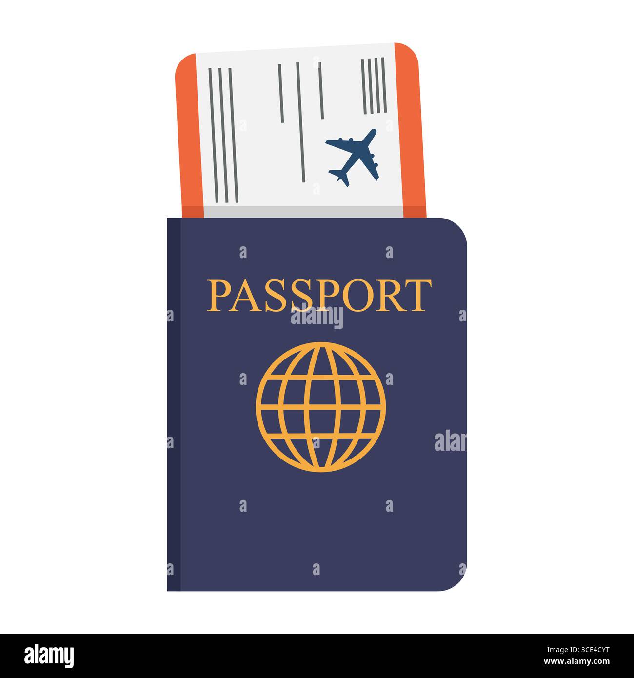 Illustrazione vettoriale di un passaporto con un biglietto aereo, che rappresenta viaggi internazionali, identità e avventura. Grafica brillante, ideale per i viaggi Foto Stock