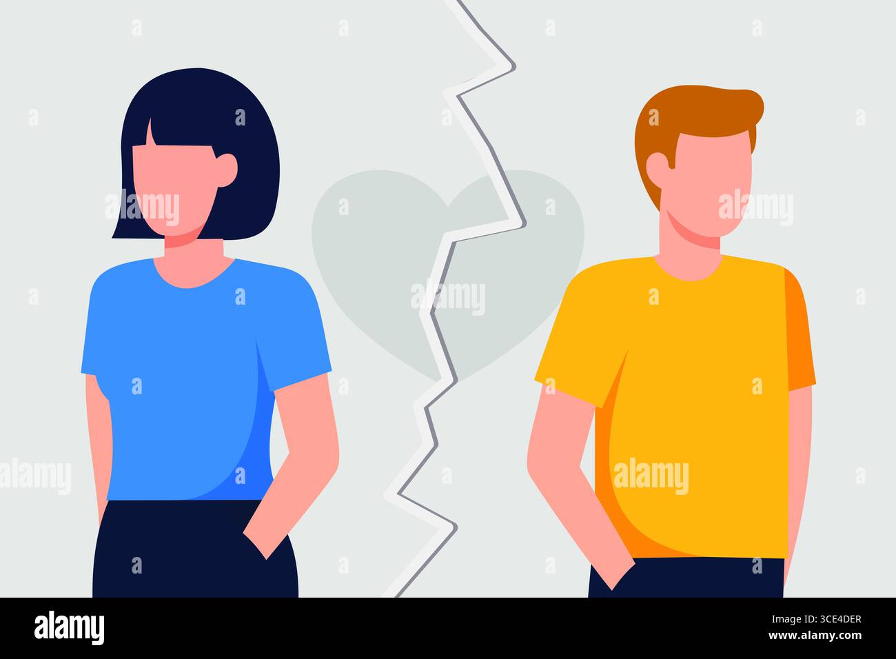 Illustrazione di una coppia in una relazione conflittuale con un cuore spezzato simbolico. Applicabile a argomenti come conflitti emotivi, relazioni Foto Stock