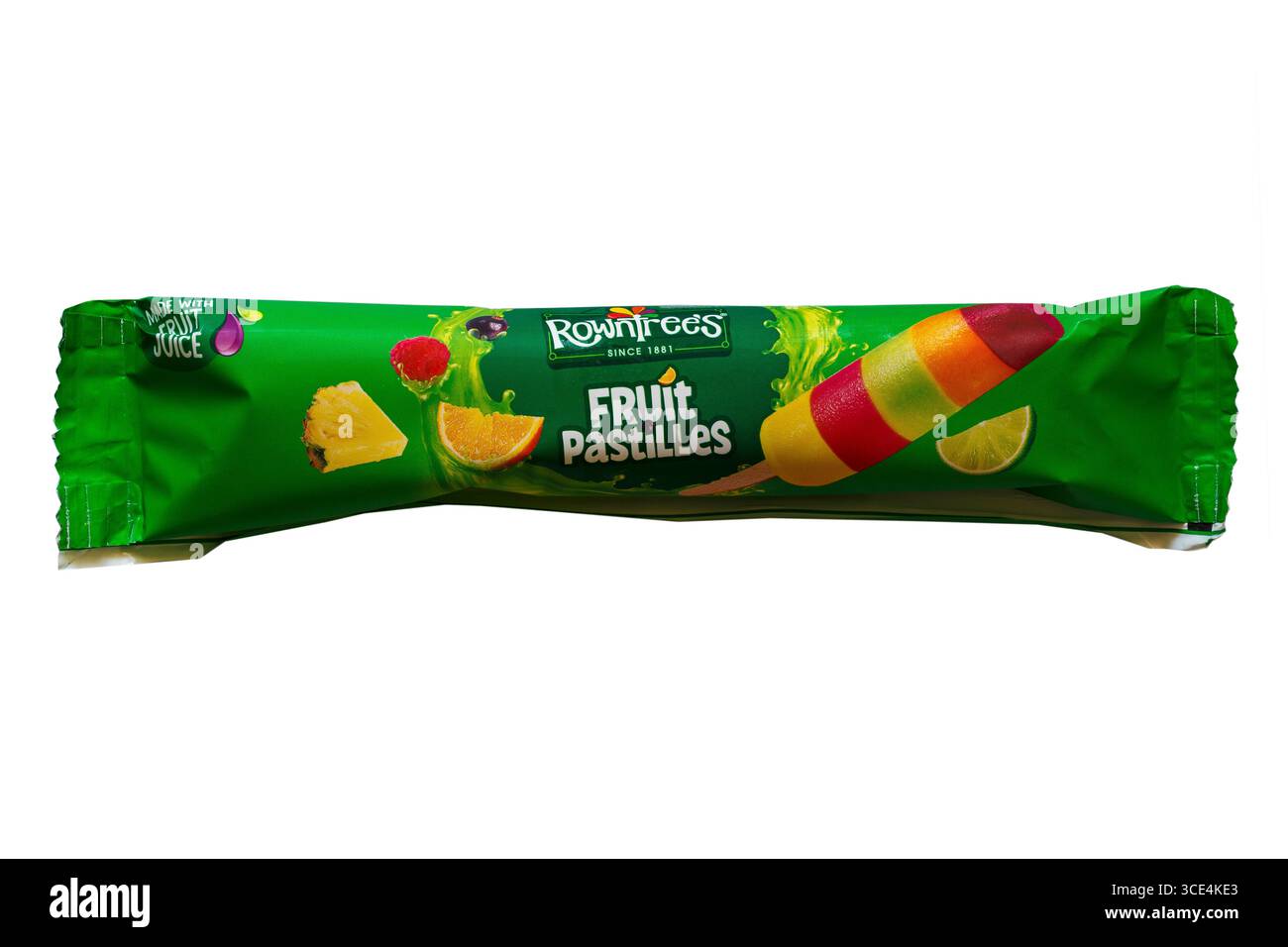 Pasta di frutta di Rowntrees, ghiacciata con succo di frutta isolato su sfondo bianco Foto Stock Pasta di frutta di Rowntrees, ghiacciata con succo di frutta isolato su sfondo bianco Foto Stock