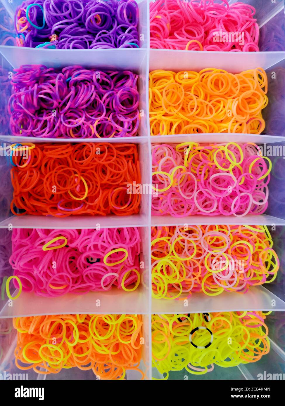Numerose fasce in gomma sono disposte in modo ordinato in un contenitore trasparente che mostra colori vivaci come viola, rosa e arancione. Foto Stock