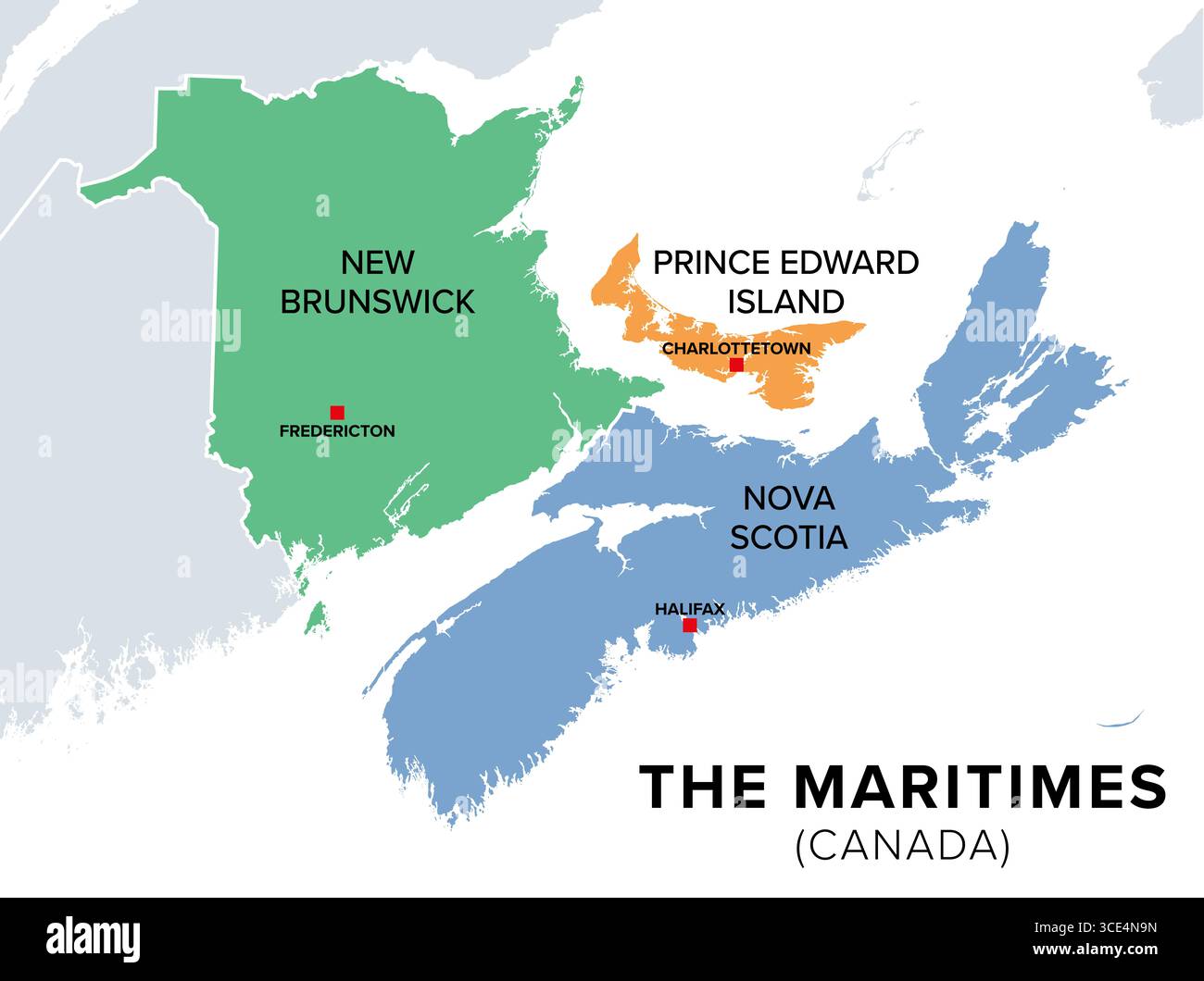 Le Maritimes, le province marittime del Canada, mappa multicolore. Regione del Canada orientale, composta da tre province. Foto Stock