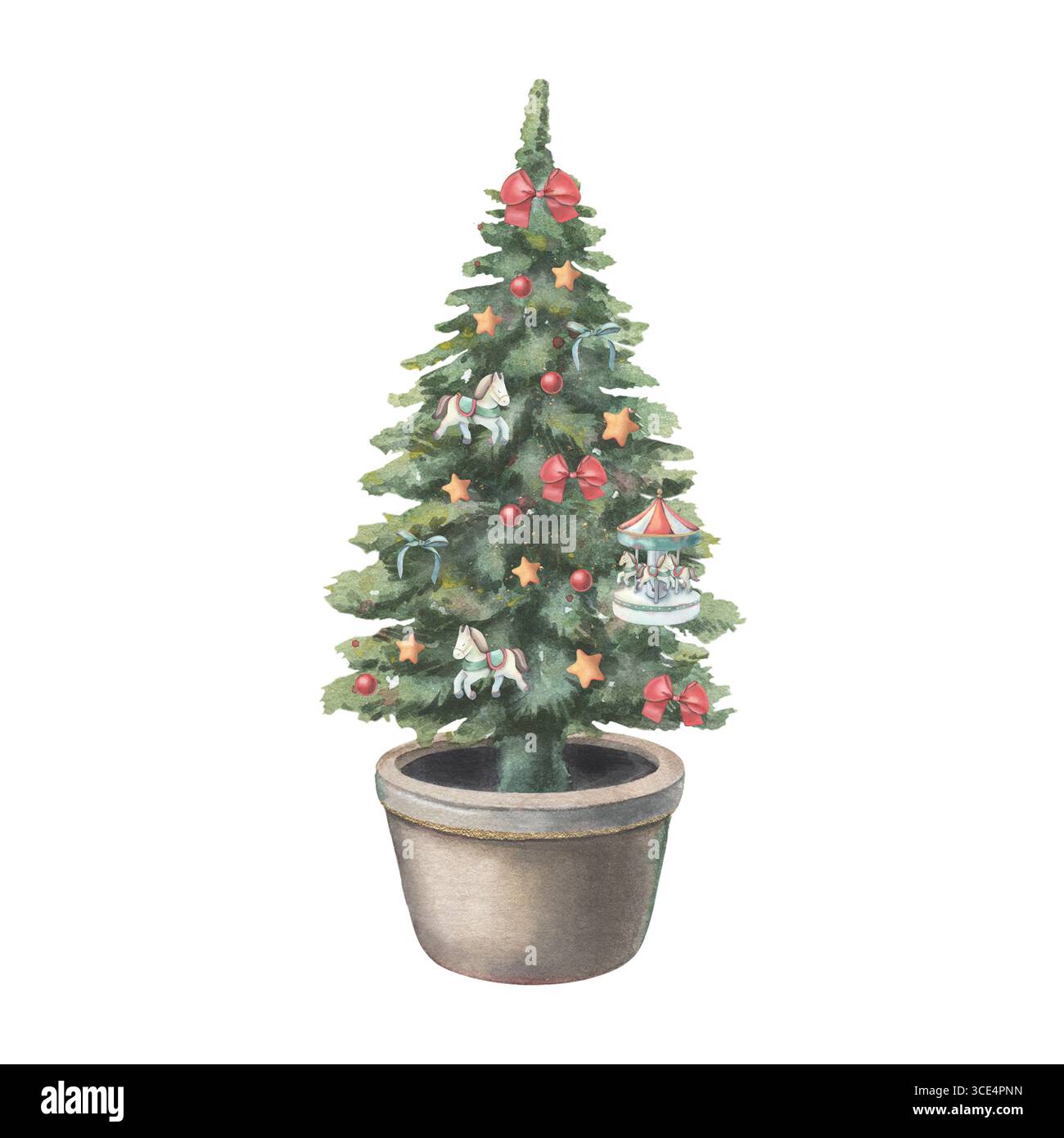 Albero di Natale decorato con giocattoli vintage, tra cui cavalli. Illustrazione ad acquerello dipinta a mano di un abete piccolo isolato su bianco per i biglietti delle vacanze Foto Stock