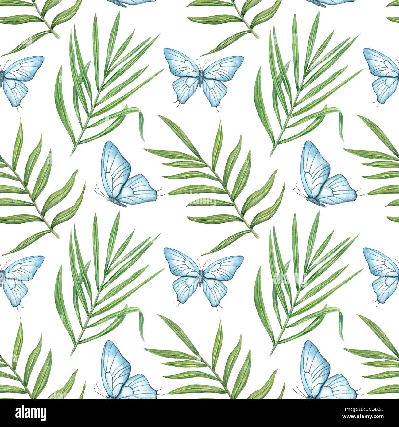 Foglie tropicali acquerello sfondo isolato senza cuciture. Illustrazioni in foglia di palma dipinte a mano, filodendron, areca per carta da parati Foto Stock