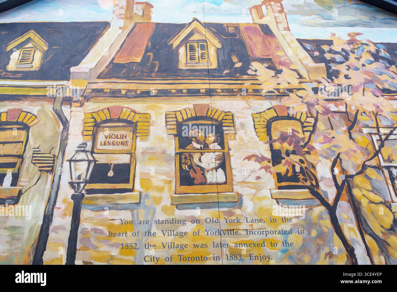 Un murale dipinto sulla Old York Lane a Yorkville mostra una coppia romantica e un segno di lezione di violino, illustrando il fascino storico della zona. Foto Stock