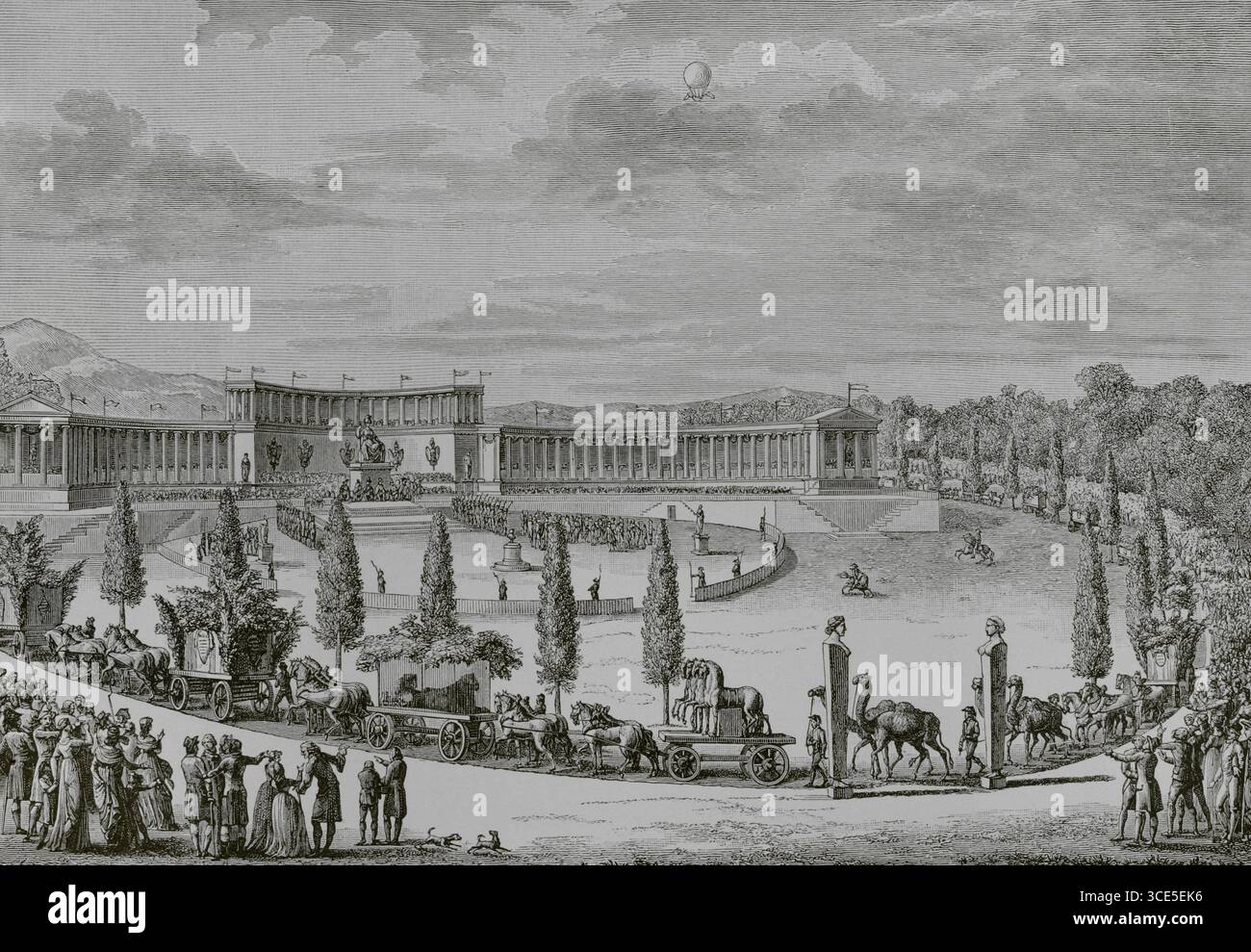 Parigi. Ingresso trionfale dei monumenti delle Arti e delle Scienze in Francia il 9 e 10 Thermidor anno vi (27 e 28 luglio 1798). La festa commemorava l'arrivo di opere d'arte e oggetti scientifici dall'Italia dopo la campagna militare di Napoleone. Un'immensa processione, che parte dalla banchina che costeggia il Jardin des Plantes, accompagnata per tutto il suo lungo corso da una folla sempre crescente, attraversò tutta Parigi per sfilare sul campo di Marte davanti ai cinque membri del Direttorio, in piedi vicino all'altare della Nazione e circondato da ministri, alti funzionari, generali, il garriso Foto Stock