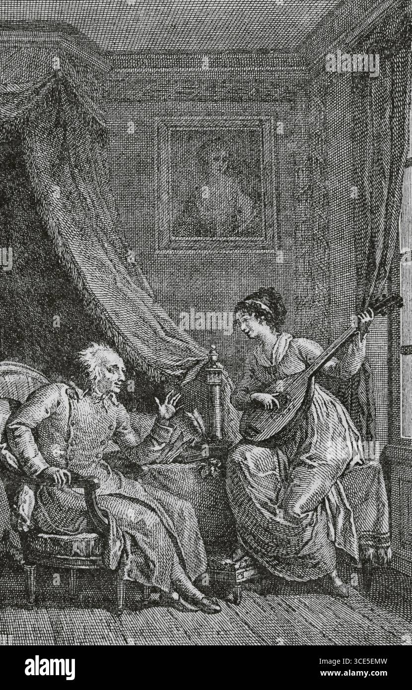 "La Pitié", poema in quattro canti del poeta francese Jacques Delille (1738-1813) scritto nel 1803. Delille critica gli eccessi della rivoluzione francese ed esprime compassione per i coloni, affrontando la schiavitù nelle colonie. Donna che gioca al mandolino per un vecchio. Disegno di Monsiau. Incisione di Anselin. Directoire, Consolato et Empire. Moeurs et usages, lettres, Sciences et Arts Francia, 1795-1815' (Direttorio, Consolato e Impero di Francia. Costumi e tradizioni, lettere, scienze e arti Francia, 1795-1815), di Paul Lacroix. Pubblicato a Parigi, 1884. Autore: Jean-Louis Anselin Foto Stock