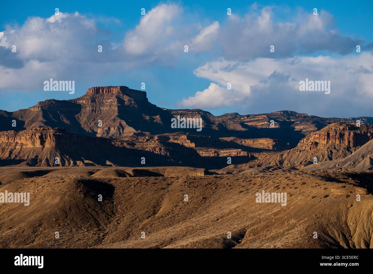 Delle montagne del deserto e le scogliere del Prenota Cliffs gamma visto da Crescent Junction Area riposo, MI-70, Grand County, Utah, Stati Uniti d'America Foto Stock