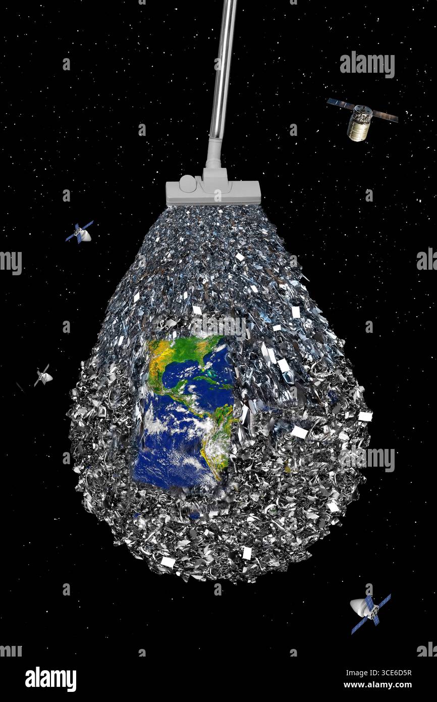 Illustrazione concettuale di una pulizia del satellite con un satellite hoover che pulisce i satelliti che coprono la Terra. La pulizia dei satelliti implica la rimozione di satelliti defunti e detriti spaziali dall'orbita terrestre per prevenire collisioni e mantenere la sostenibilità a lungo termine delle attività spaziali. Ciò può essere ottenuto attraverso vari metodi, come la cattura attiva e la deorbitazione dei satelliti, l'uso di laser per alterare le traiettorie dei detriti, o l'applicazione di strategie di economia circolare alla progettazione e allo smaltimento dei satelliti. Foto Stock