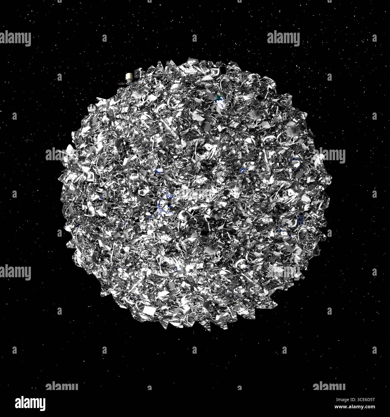 Illustrazione della spazzatura spaziale che copre la Terra. La pulizia dei satelliti implica la rimozione di satelliti defunti e detriti spaziali dall'orbita terrestre per prevenire collisioni e mantenere la sostenibilità a lungo termine delle attività spaziali. Ciò può essere ottenuto attraverso vari metodi, come la cattura attiva e la deorbitazione dei satelliti, l'uso di laser per alterare le traiettorie dei detriti, o l'applicazione di strategie di economia circolare alla progettazione e allo smaltimento dei satelliti. Foto Stock