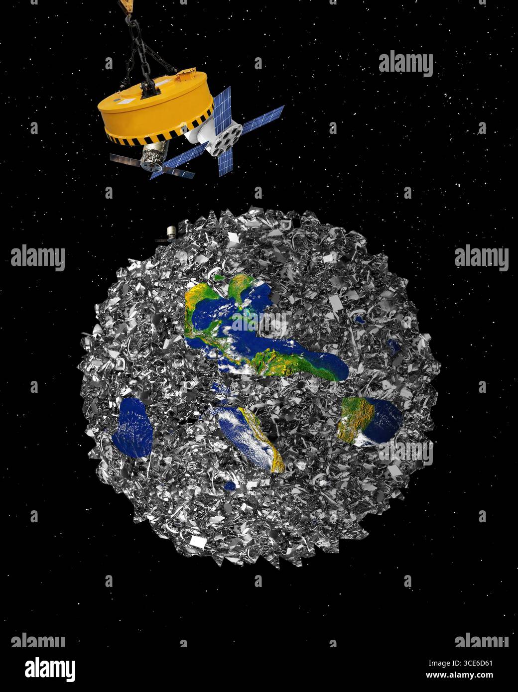 Illustrazione concettuale di un satellite di pulizia con un satellite di rimozione dei detriti attiva (ADR). La pulizia dei satelliti implica la rimozione di satelliti defunti e detriti spaziali dall'orbita terrestre per prevenire collisioni e mantenere la sostenibilità a lungo termine delle attività spaziali. I satelliti ADR sono progettati per catturare e rimuovere i satelliti defunti e altri detriti spaziali dall'orbita. Foto Stock