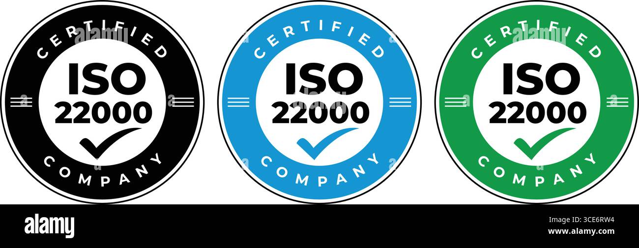 Set di badge aziendali certificati ISO 22000 in nero, blu e verde Illustrazione Vettoriale