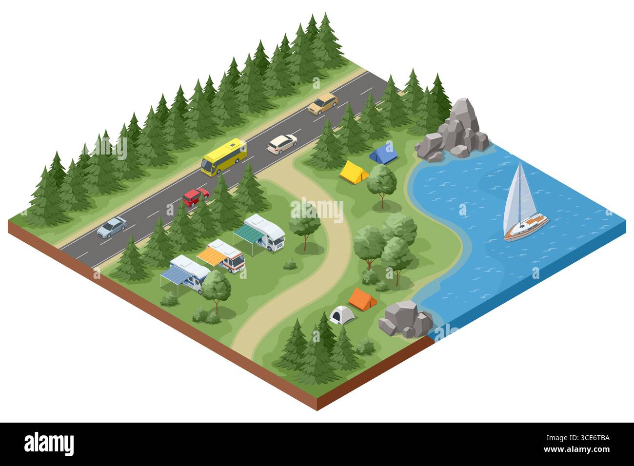 Campeggio Isometrico lungo il fiume con camper, tenda, falò, sedie a sdraio, tavolo da picnic, e lo sfondo della foresta. Campeggio nella foresta vicino al lago con camper Illustrazione Vettoriale
