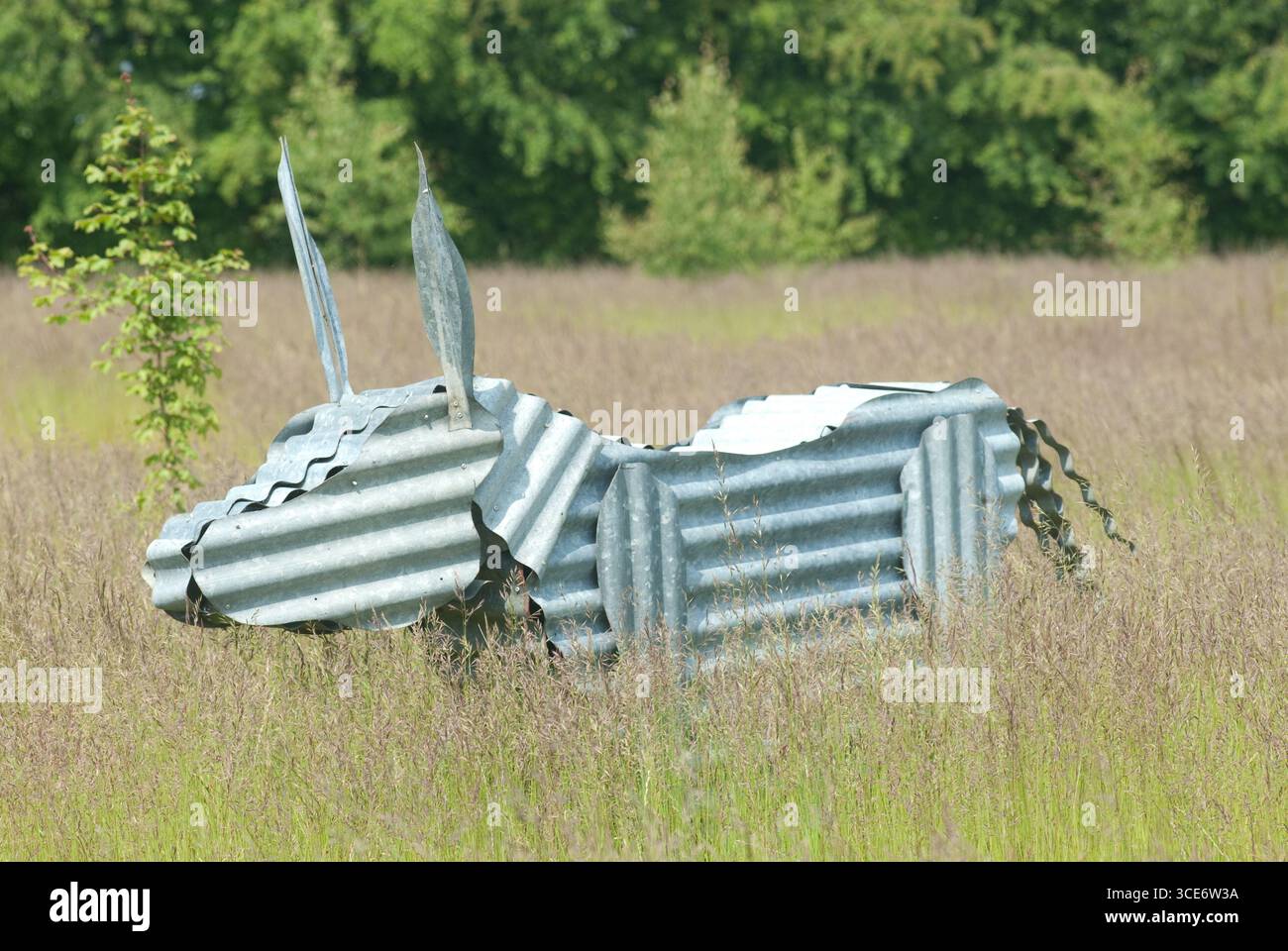 La scintillante scultura di coniglio in metallo si trova su un'erba alta in una giornata di sole, mescolando arte e natura in un paesaggio aperto. Foto Stock