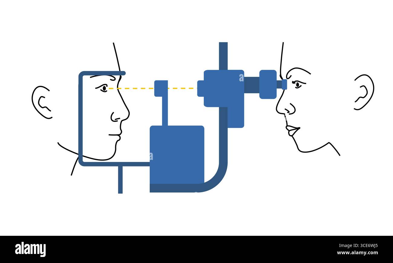 L'oftalmologo controlla la visione di un uomo, il medico donna esamina gli occhi con attrezzature cliniche. Disegno piatto della linea. Illustrazione Vettoriale