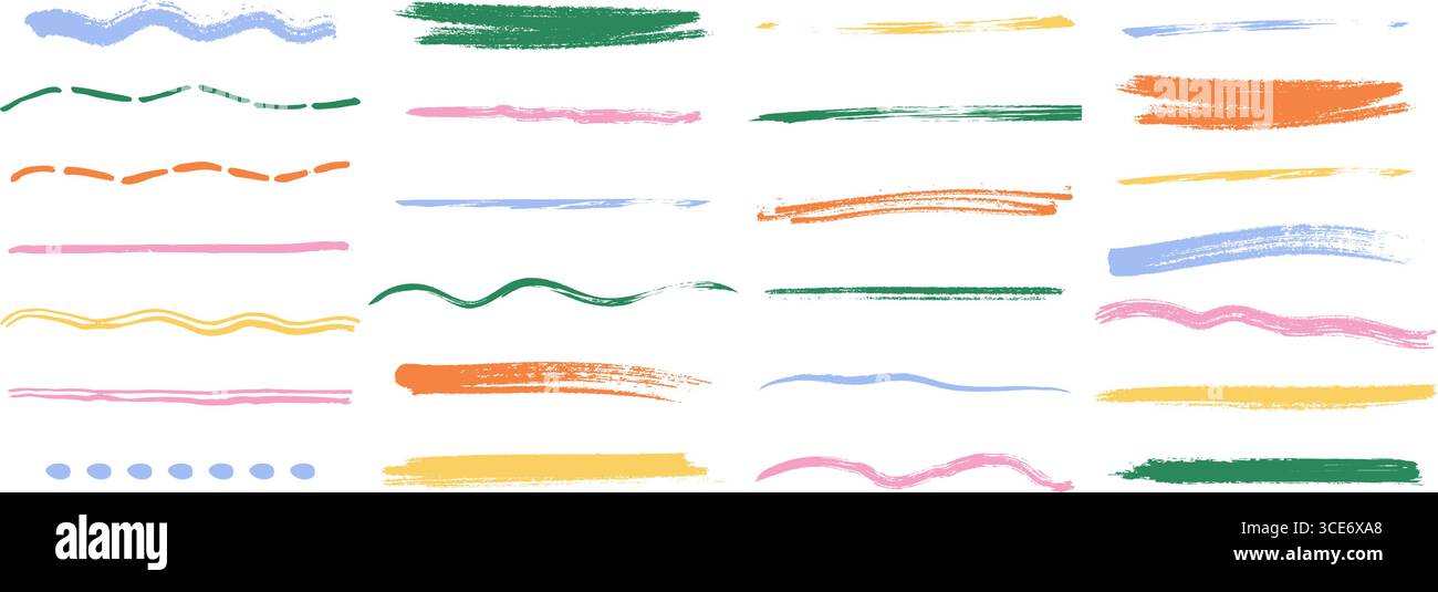 Il gesso colorato e il pastello sottolineano il set di tratti. Linee di pennello pastello disegnate a mano, elementi ondulati e arricciati. Illustrazione vettoriale Illustrazione Vettoriale